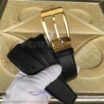 AAA Replica Montblanc Black Leather Belt Price - Yellow Gold Buckle